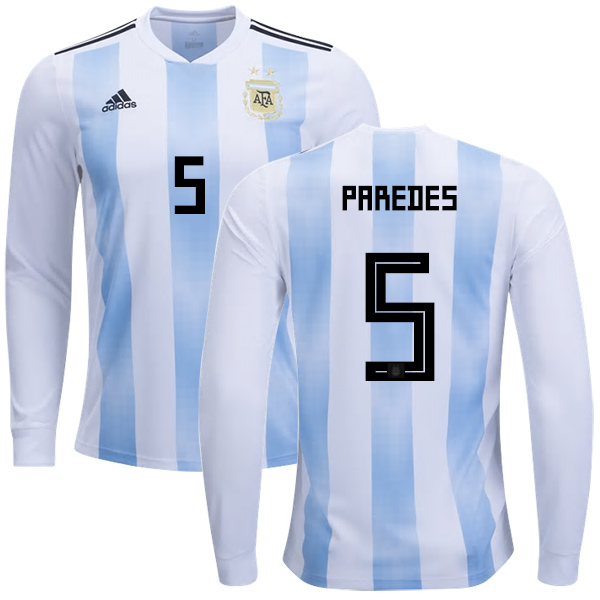 Argentina #5 Paredes Home Long Sleeves Kid Soccer Country Jersey - Click Image to Close